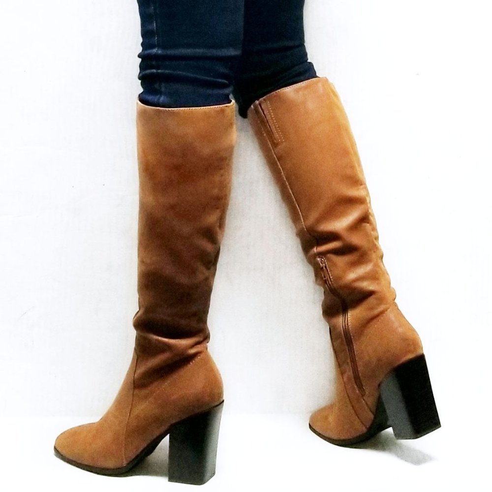 New Tan Square Toe Knee High Chunky Heel Boots - Picture 4 of 4